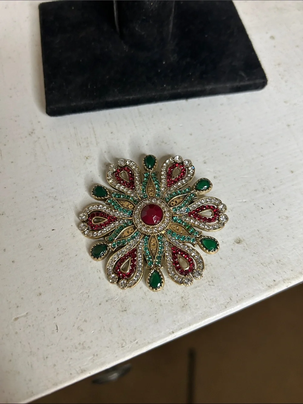 Vintage-Inspired Floral Brooch in Red and Teal Crystal
